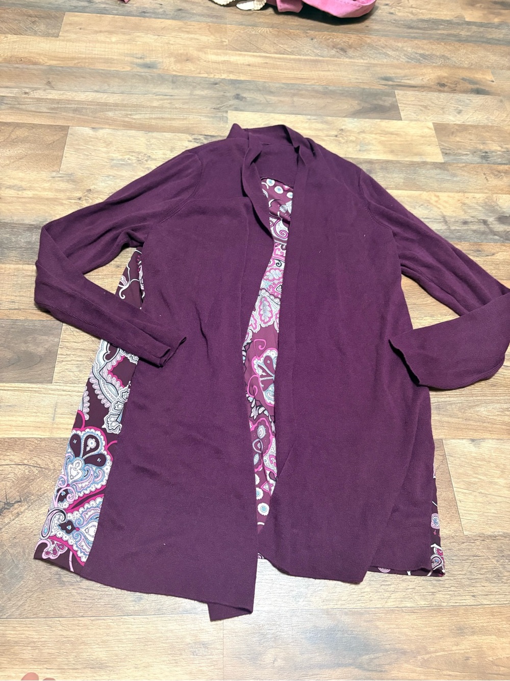 Chico’s Open Front Cardigan Women’s Size 2 Burgundy Paisley Back Knit Sweater